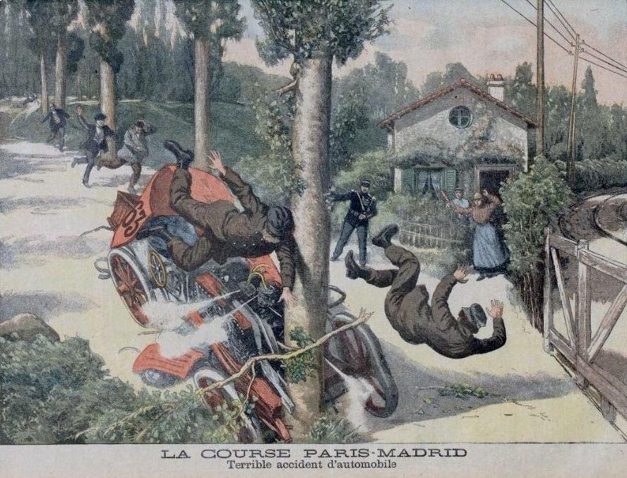 Wypadek podczas wyścigu Paryż–Madryt, 1903 r. Ilustracja z „Le Petit Journal”