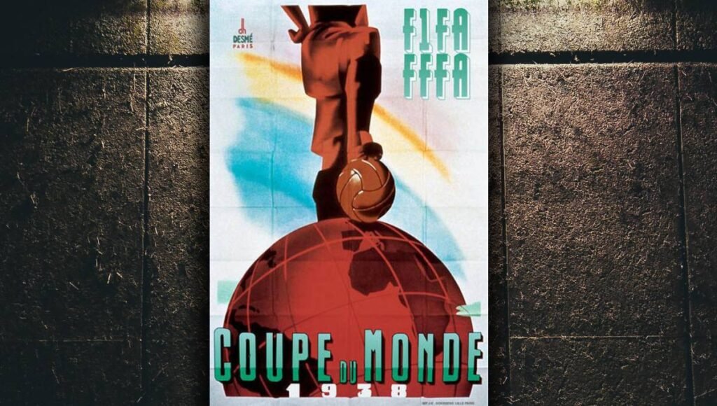 Oficjalny plakat Mistrzostw Świata FIFA 1938 autorstwa Henri Desmé.